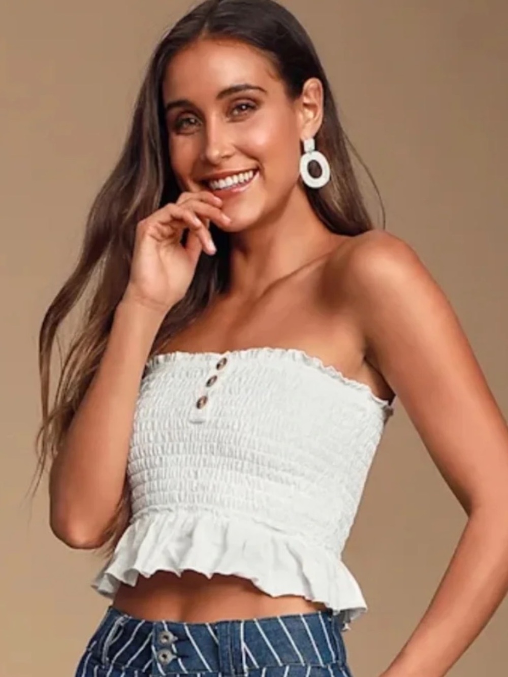 We The Free XS Smocked White Ruffle Tube Top with Button Details